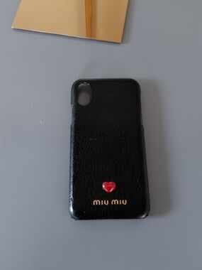 Miu Miu Black Leather iPhone Case with Red Heart Accent